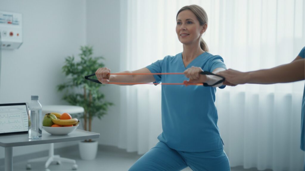 Paciente realizando preabilitação com acompanhamento profissional em ambiente hospitalar antes de cirurgia