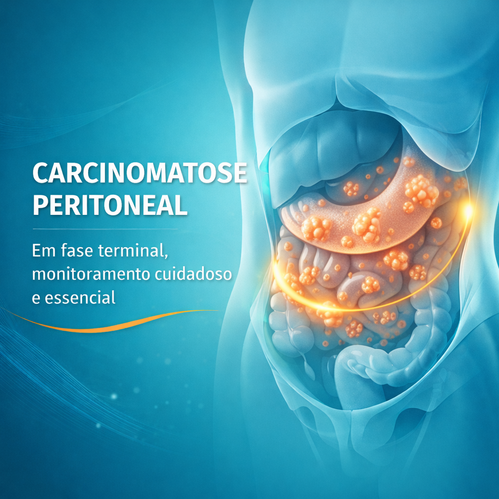 Ilustração médica representando carcinomatose peritoneal em fase terminal, com múltiplos implantes tumorais na cavidade abdominal, destacando a importância do acompanhamento especializado.