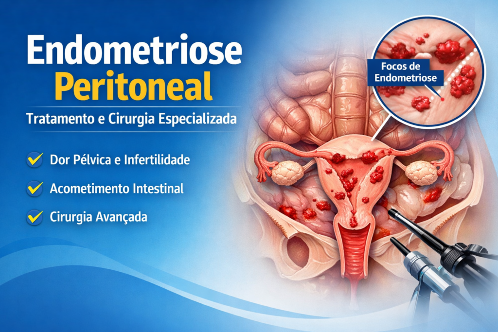 Ilustração médica da endometriose peritoneal mostrando implantes no peritônio e acometimento pélvico com foco em tratamento cirúrgico especializado.